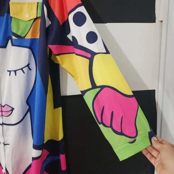 Women faces collage printed multicolor buttoned maxi dress - Picture 7 of 13